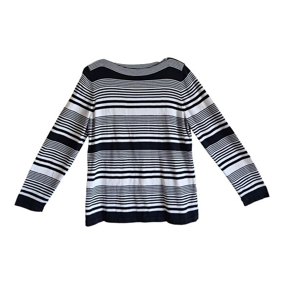 TALBOTS Women's L XL Sweater Black White Sweater Striped Boat Neck Pima Cotton - Picture 1 of 7